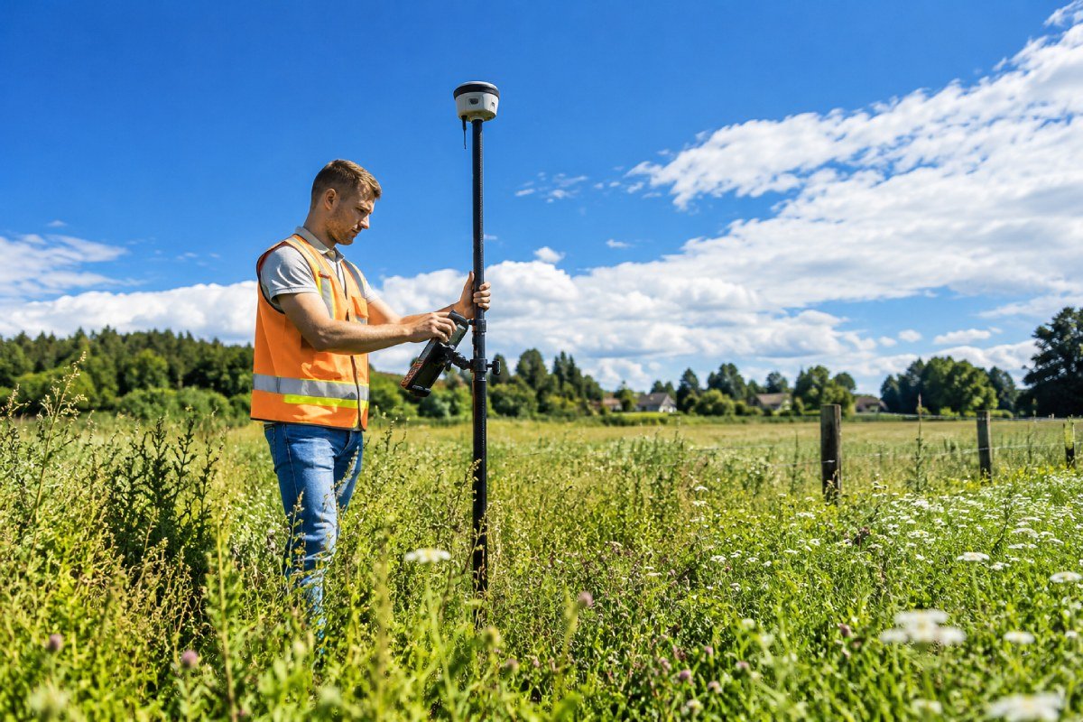 Geodezininkas atlieka žemės sklypo matavimus naudodamas GNSS geodezinę įrangą